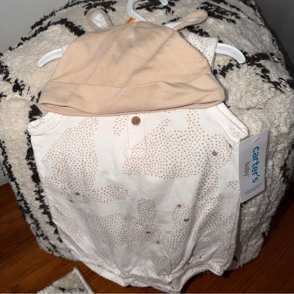 Carter’s Bunny Hat Romper + Hat Set 12M NWT Neutral Easter Baby Outfit